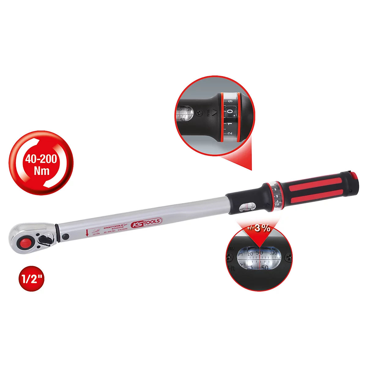 Drehmomentschlüssel mit rotem Griff. Details zeigen Messwerte, eine Spannweite von 40-200 Nm und "1/2".